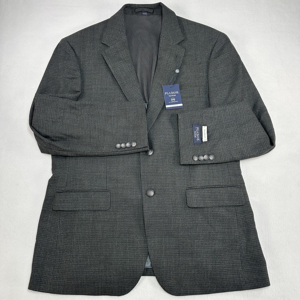 Jos A Bank Traveler Blazer Mens 44R Gray Check Wool Stretch Sport Coat Jacket